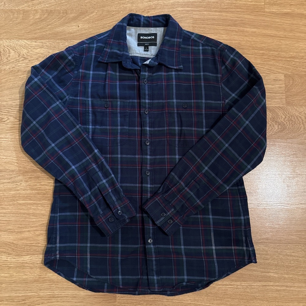 BONOBOS Flannel Shirt Men's Large Slim Fit Multicolor Plaid Long Sleeve Stretch
